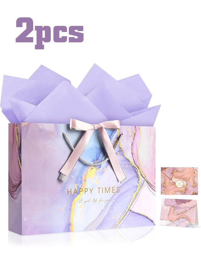 GIFT 2 Pcs Medium Gift Bag with Tissue Papers and 1 Greeting Card 2 Color Ribbon, Purple Marble Pattern Gift Bags, Portable Paper Birthday Gift Bag with Handles, Present Bags for Wedding Party - Image 1