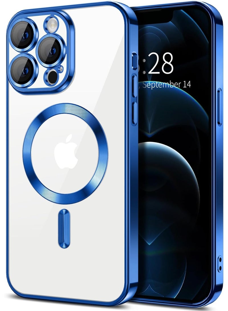 جراب مطلي بالكهرباء لهاتف iPhone 13 Pro Max مع حماية كاملة لعدسة الكاميرا متوافق مع الشحن اللاسلكي MagSafe، غطاء مغناطيسي ناعم مقاوم للصدمات من مادة TPU لهاتف iPhone 13 Pro Max (أزرق) - Image 1