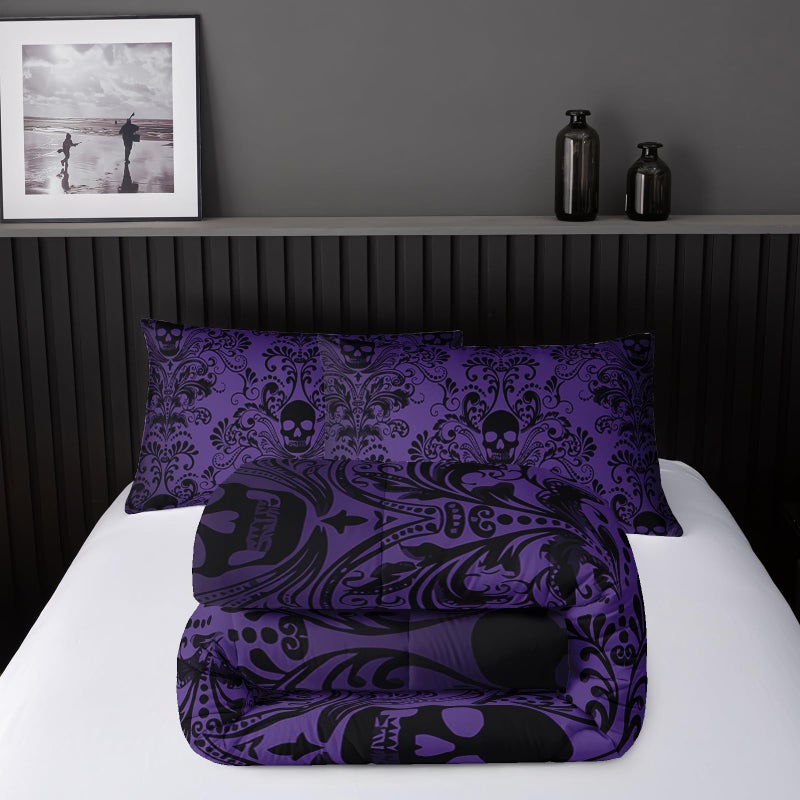 Nttopship Adults Violet Gothic Comforter Set Queen Size,Vintage Damask Floral Bedding Set 3Pcs,Bohemia Bedding Set Goth Skull Printed Quilted Set for Teens Adult with 1 Comforter with 2 Pillowcase - Image 4