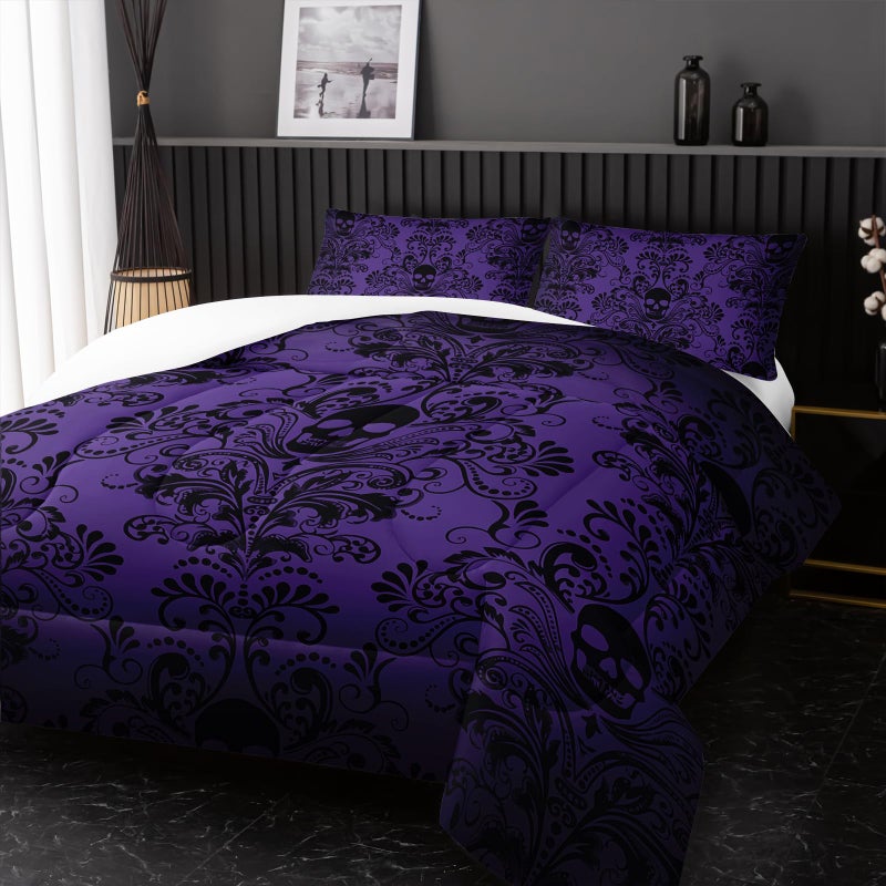 Nttopship Adults Violet Gothic Comforter Set Queen Size,Vintage Damask Floral Bedding Set 3Pcs,Bohemia Bedding Set Goth Skull Printed Quilted Set for Teens Adult with 1 Comforter with 2 Pillowcase - Image 5