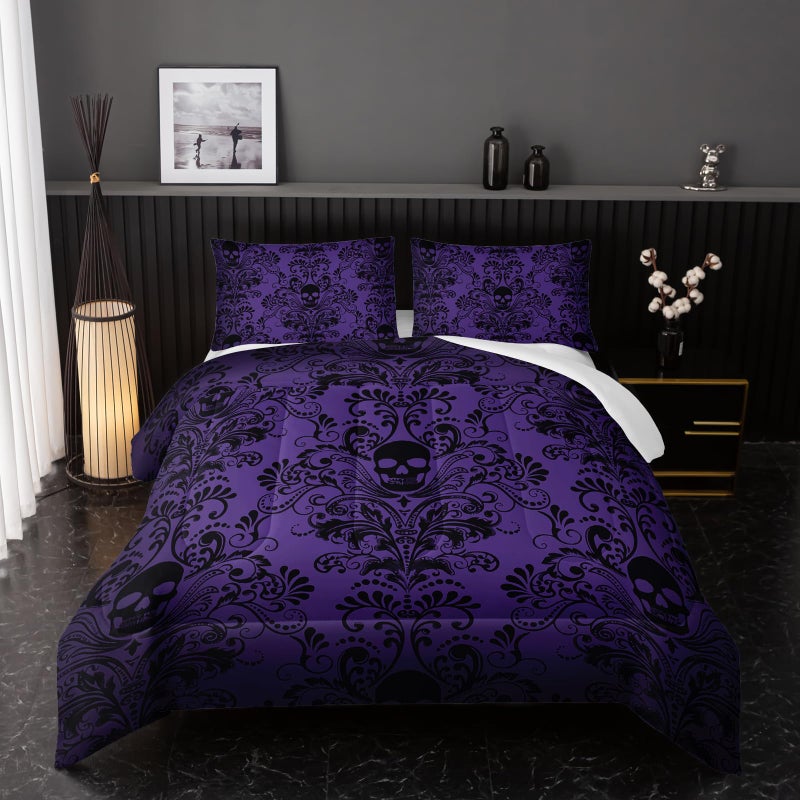 Nttopship Adults Violet Gothic Comforter Set Queen Size,Vintage Damask Floral Bedding Set 3Pcs,Bohemia Bedding Set Goth Skull Printed Quilted Set for Teens Adult with 1 Comforter with 2 Pillowcase - Image 1