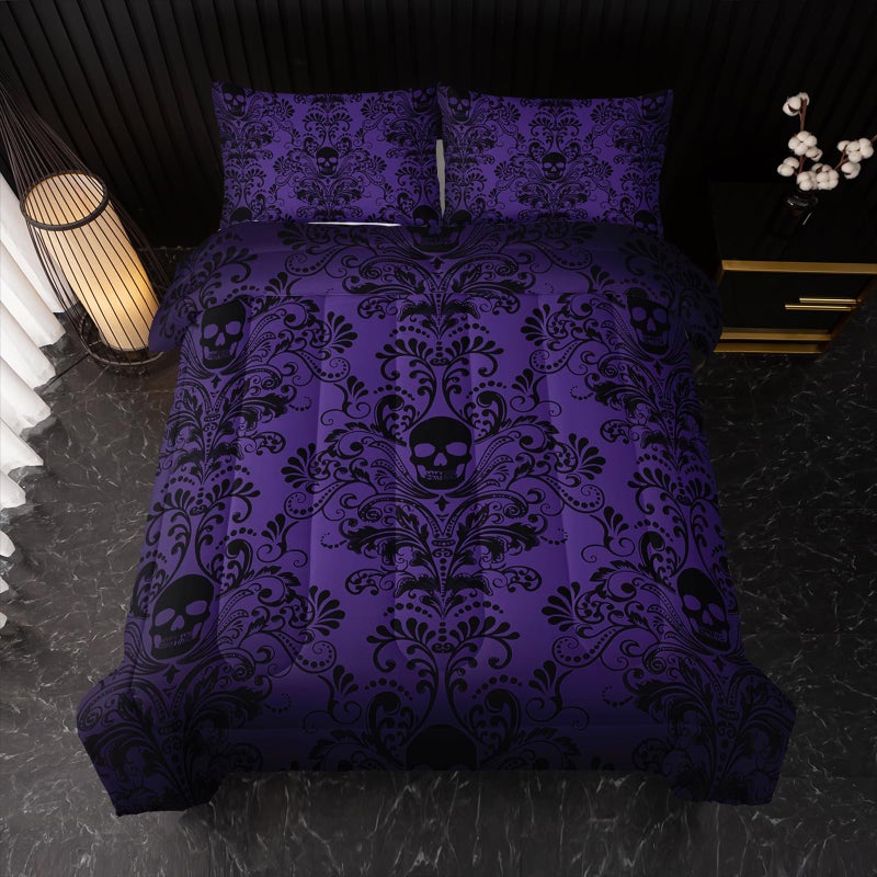 Nttopship Adults Violet Gothic Comforter Set Queen Size,Vintage Damask Floral Bedding Set 3Pcs,Bohemia Bedding Set Goth Skull Printed Quilted Set for Teens Adult with 1 Comforter with 2 Pillowcase - Image 3
