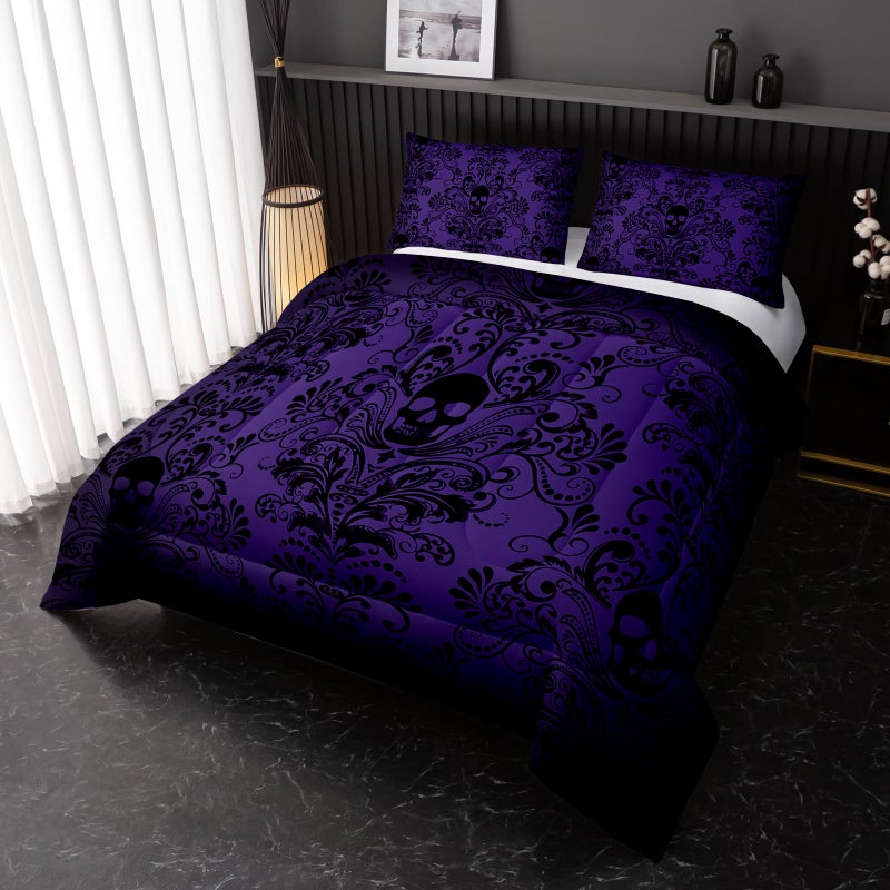 Nttopship Adults Violet Gothic Comforter Set Queen Size,Vintage Damask Floral Bedding Set 3Pcs,Bohemia Bedding Set Goth Skull Printed Quilted Set for Teens Adult with 1 Comforter with 2 Pillowcase - Image 2