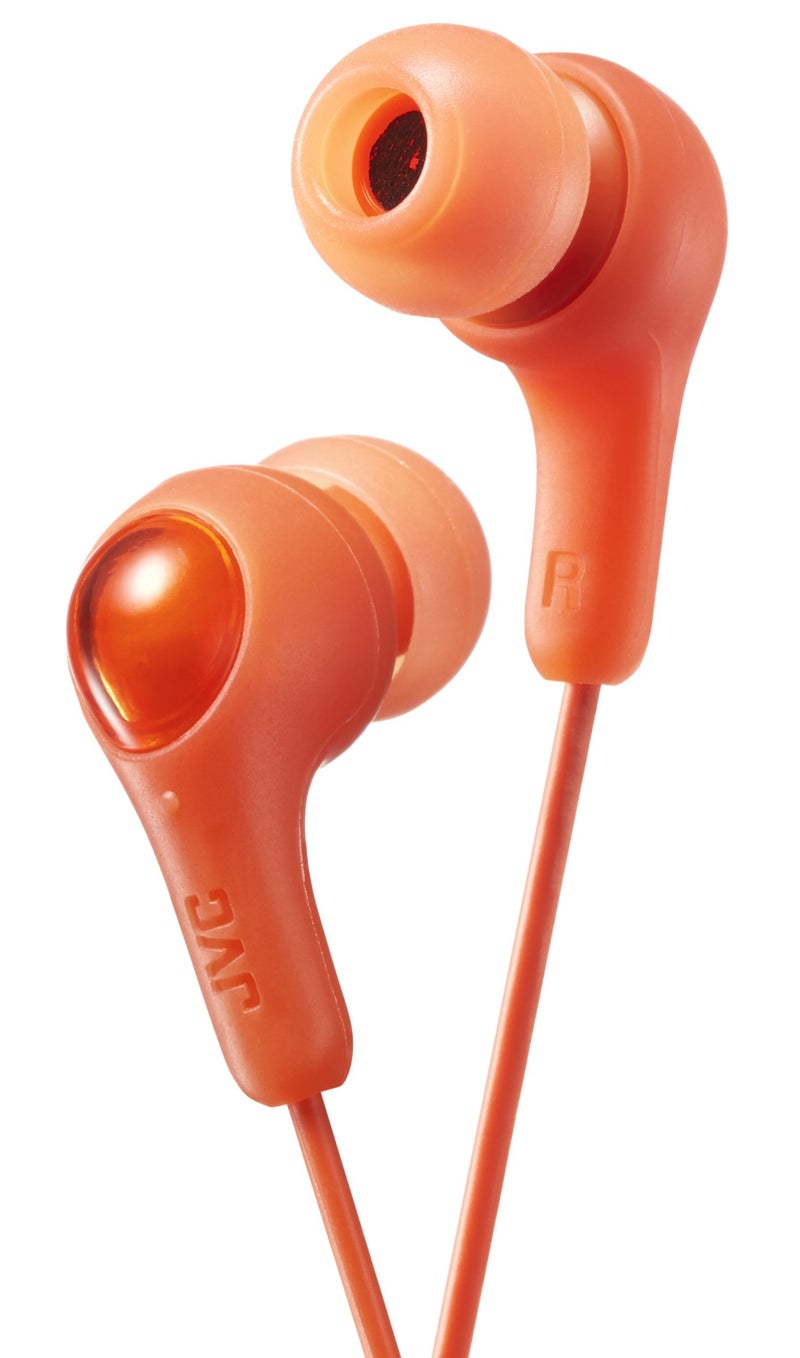 JVC ORANGE GUMY In ear earbuds with stay fit ear tips. Wired 3.3ft colored cord cable with headphone jack. Small, medium, and large ear tip earpieces included. JVC GUMY HAFX7D - Image 1
