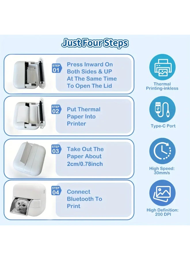 اراباش مجموعة طابعة صغيرة لاسلكية - صانع ملصقات حرارية محمول، 203 نقطة في البوصة، مثالية للملاحظات والمجلات وإيصالات العمل والحرف اليدوية، تعمل بمنفذ USB/البطارية، مجموعة هدايا مثالية مع 12 لفة - Image 4
