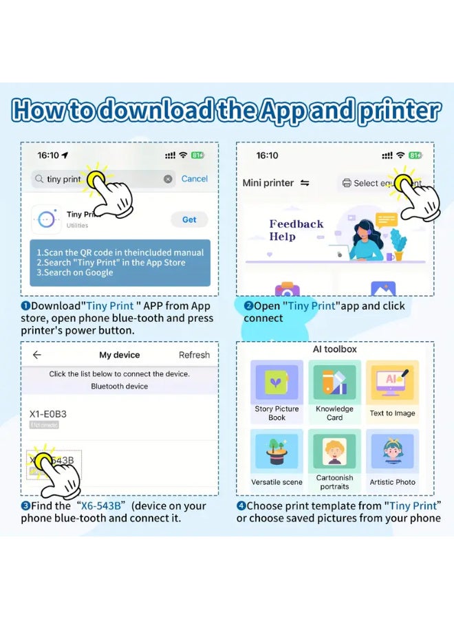 اراباش مجموعة طابعة صغيرة لاسلكية - صانع ملصقات حرارية محمول، 203 نقطة في البوصة، مثالية للملاحظات والمجلات وإيصالات العمل والحرف اليدوية، تعمل بمنفذ USB/البطارية، مجموعة هدايا مثالية مع 12 لفة - Image 3