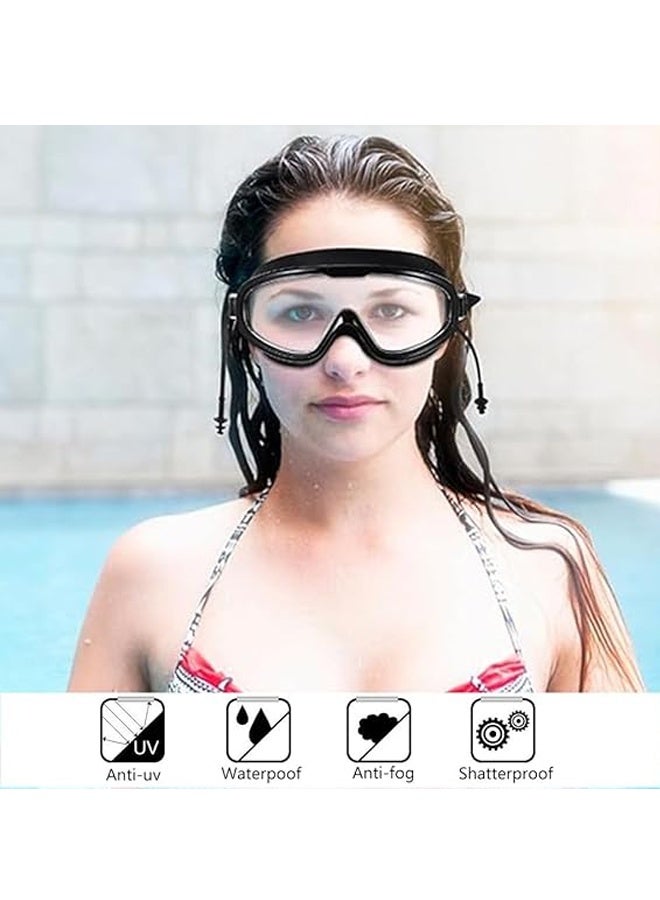 نظارات سباحة للبالغين مع سدادات أذن مقاومة للماء ومضادة للتسرب ومضادة للضباب وحماية من الأشعة فوق البنفسجية ونظارات غوص لركوب الأمواج والتجديف بالكاياك، لون أسود - Image 4