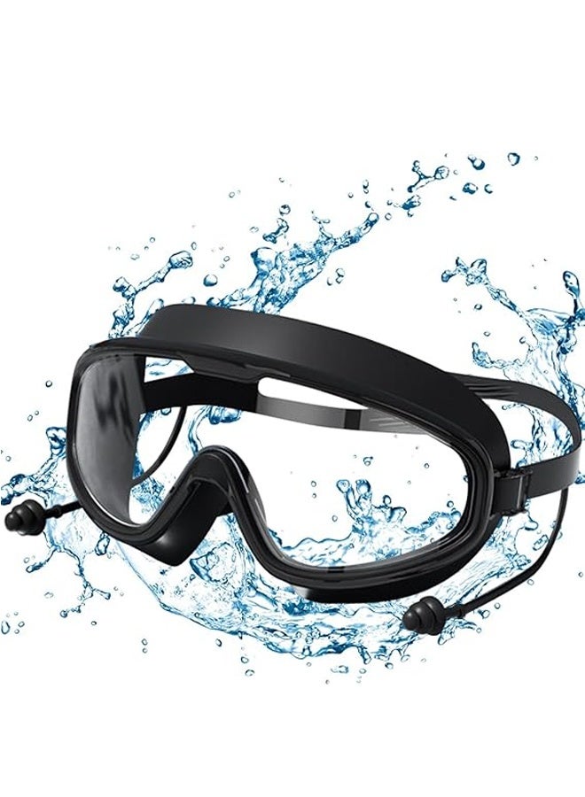 نظارات سباحة للبالغين مع سدادات أذن مقاومة للماء ومضادة للتسرب ومضادة للضباب وحماية من الأشعة فوق البنفسجية ونظارات غوص لركوب الأمواج والتجديف بالكاياك، لون أسود - Image 1