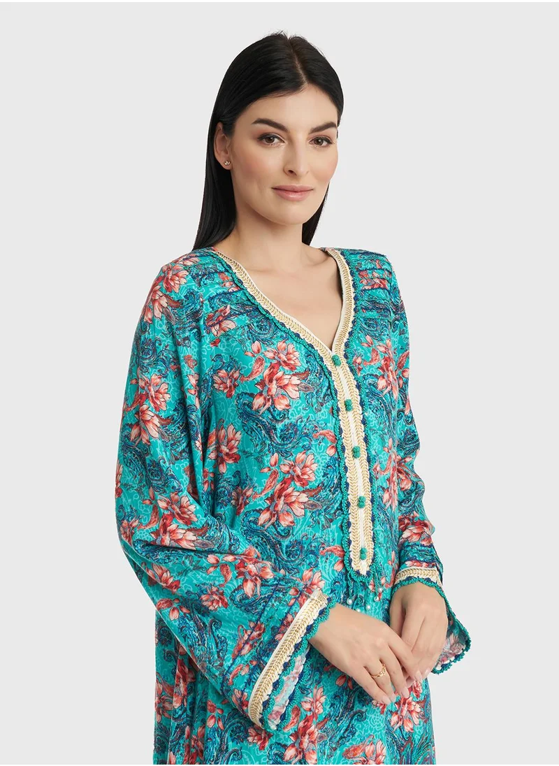 كشخة Floral Printed Rayon Crochet Lace Work Jalabiya