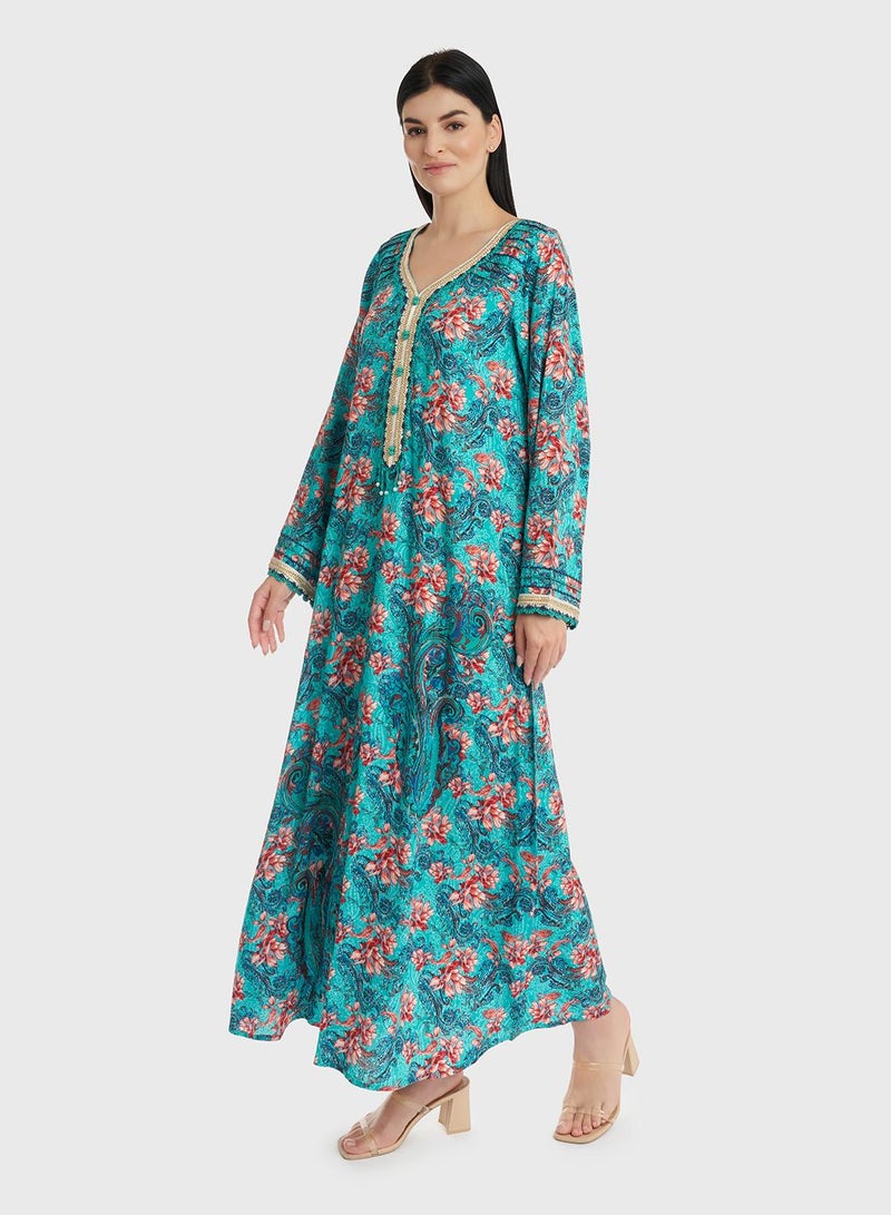 KASHKHA Floral Printed Rayon Crochet Lace Work Jalabiya - Image 3