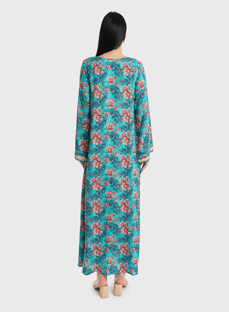 KASHKHA Floral Printed Rayon Crochet Lace Work Jalabiya - Image 4