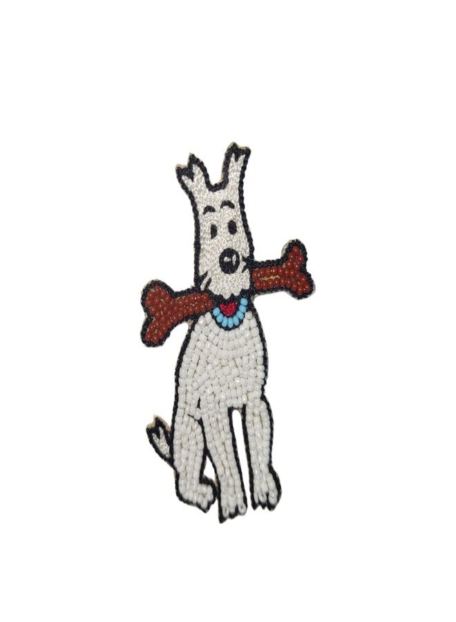 Abeo Hand Embroidered Dog Brooch with Bone Design, White Beaded Pin, 5-6 cm - Image 1