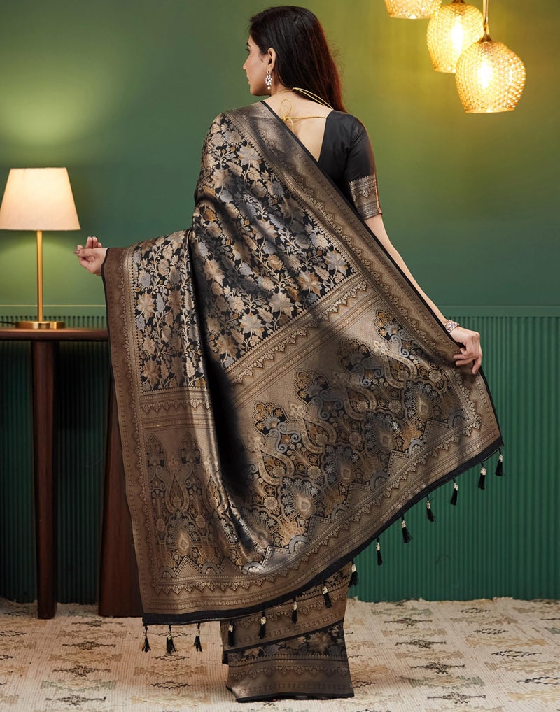 SIRIL Women's Banarasi Silk Saree Pure Silk Kanjivaram Saree with Unstitched blouse Piece (4236S422_Black) - Image 4