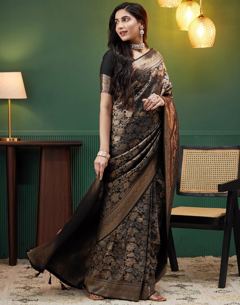 SIRIL Women's Banarasi Silk Saree Pure Silk Kanjivaram Saree with Unstitched blouse Piece (4236S422_Black) - Image 3