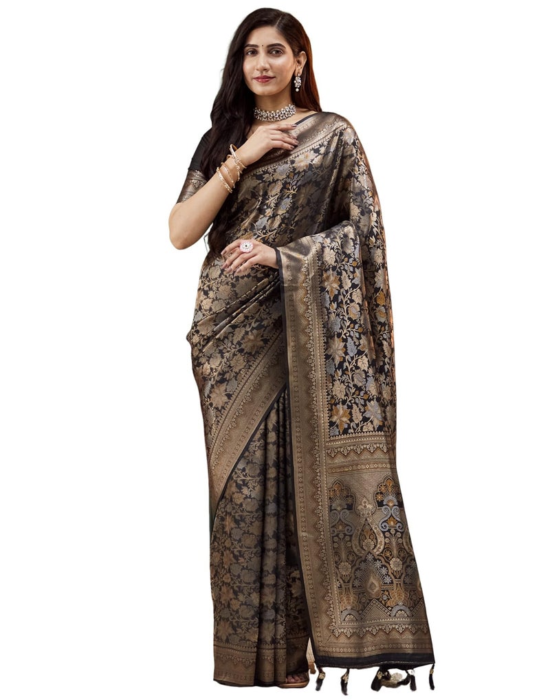 SIRIL Women's Banarasi Silk Saree Pure Silk Kanjivaram Saree with Unstitched blouse Piece (4236S422_Black) - Image 1