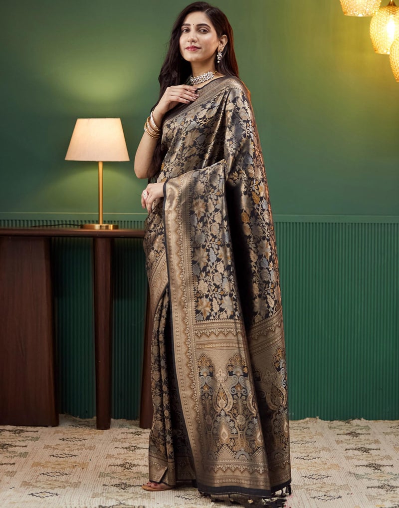 SIRIL Women's Banarasi Silk Saree Pure Silk Kanjivaram Saree with Unstitched blouse Piece (4236S422_Black) - Image 2