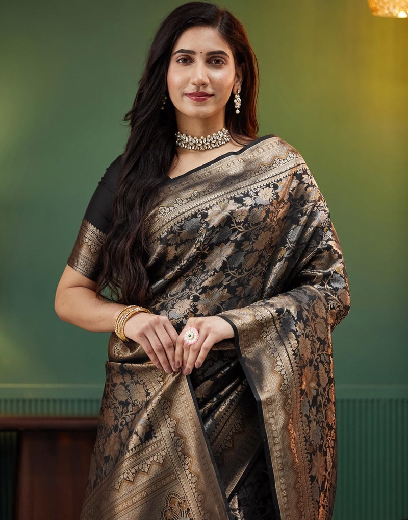 SIRIL Women's Banarasi Silk Saree Pure Silk Kanjivaram Saree with Unstitched blouse Piece (4236S422_Black) - Image 5