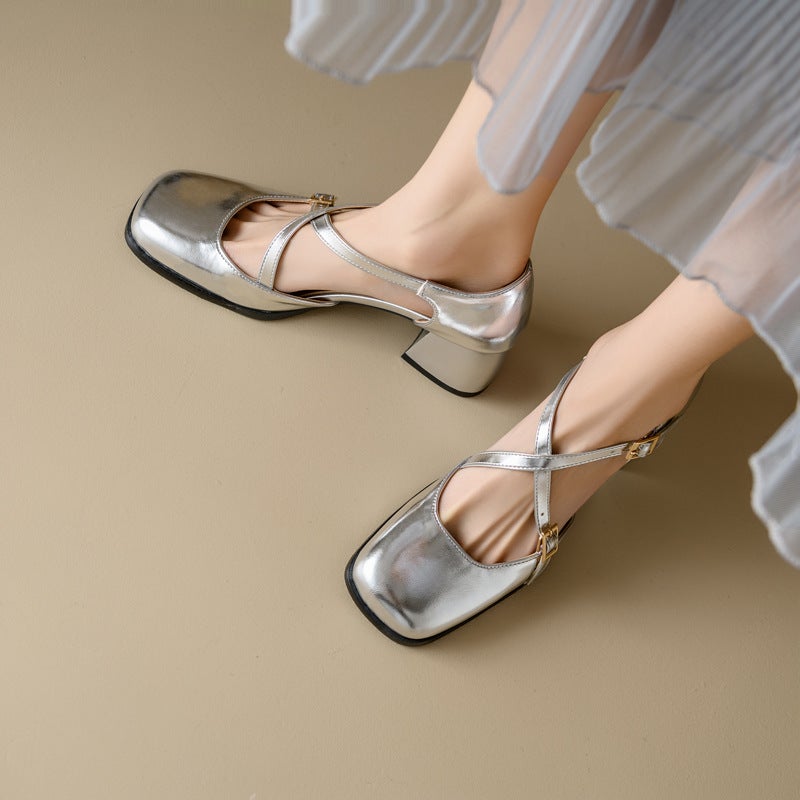 2024 Fashion High Heel 32-46 High Heels Square Head Thick Heel Side Empty Sandals Women - Image 4