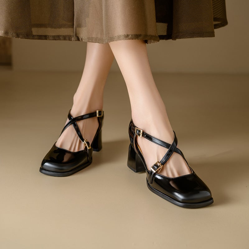 2024 Fashion High Heel 32-46 High Heels Square Head Thick Heel Side Empty Sandals Women - Image 2