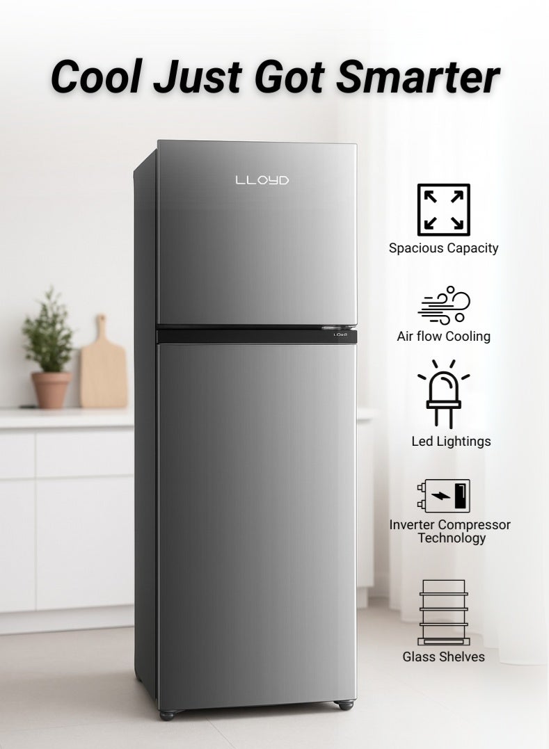 Lloyd 334 L Top Mount Refrigerator, Model GOFF364HWST1HC – Energy-Efficient Inverter Compressor, No-Frost Cooling Technology, Sleek Inox Finish, Multi-Air Flow System, Adjustable Glass Shelves, LED Lighting – Ideal for Homes & Offices - Image 4
