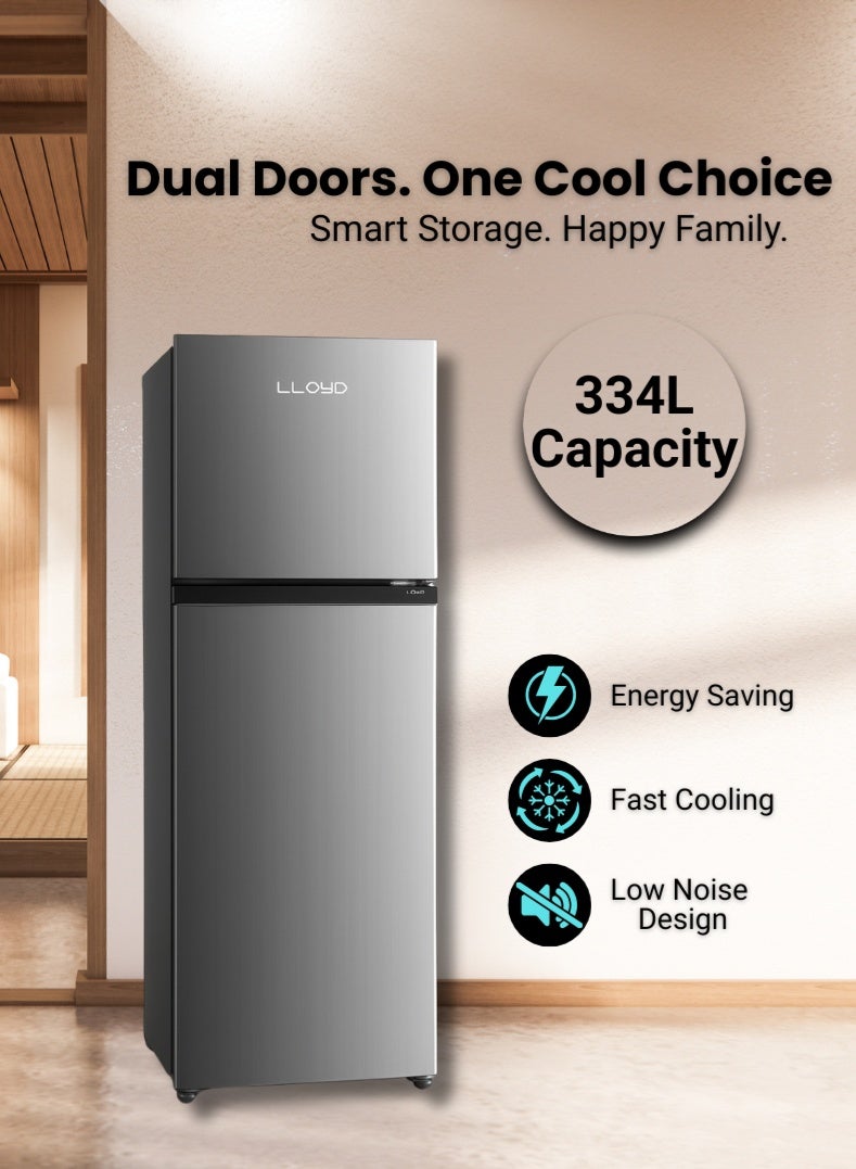 Lloyd 334 L Top Mount Refrigerator, Model GOFF364HWST1HC – Energy-Efficient Inverter Compressor, No-Frost Cooling Technology, Sleek Inox Finish, Multi-Air Flow System, Adjustable Glass Shelves, LED Lighting – Ideal for Homes & Offices - Image 1