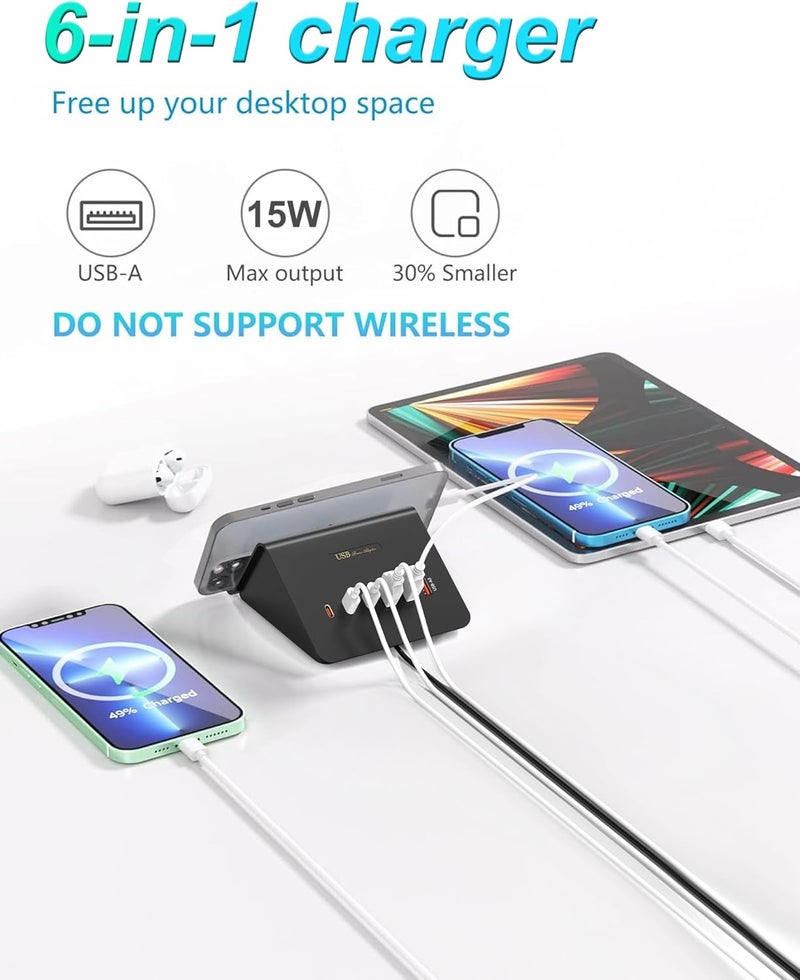 في اتش بي دبليو شاحن USB C، محطة شحن USB بـ 6 منافذ، قابس شحن USB متعدد لأجهزة iPhone، iPad، Samsung، AirPods، Pixel، iWatch، Redmi وغيرها (أسود) - Image 2