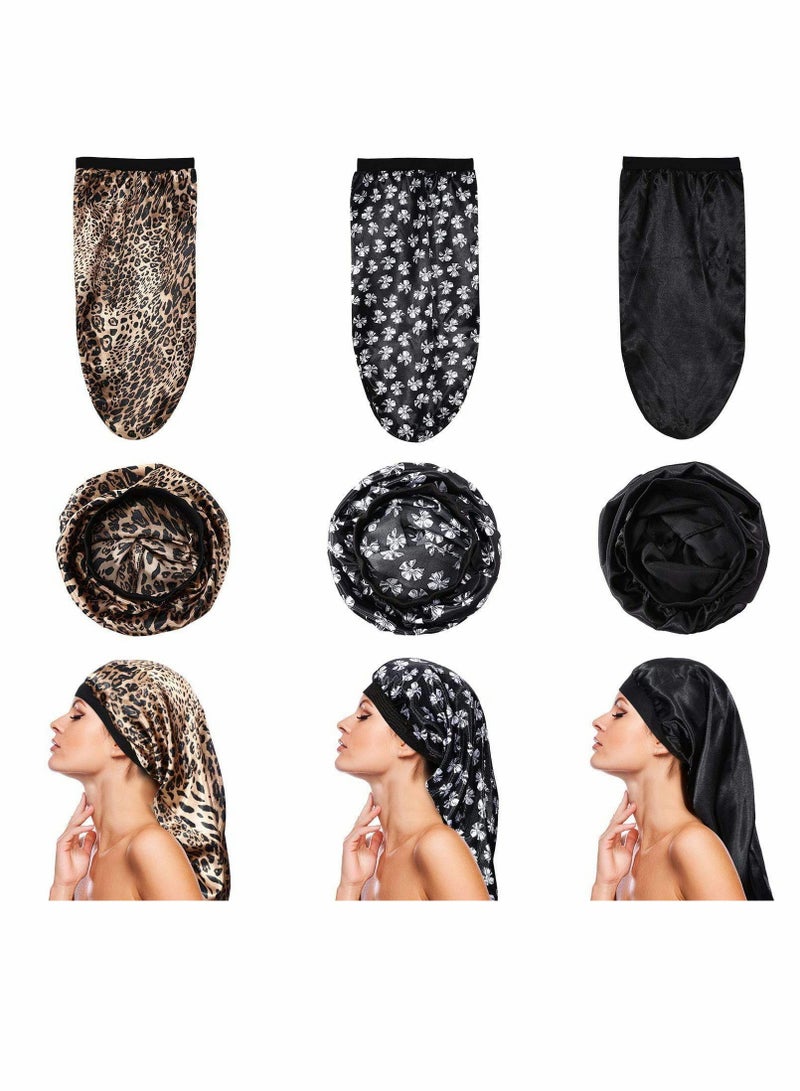 Zikra Satin Sleep Cap, Long Braids Hair, Silk Long Satin Bonnet Sleep Cap, Soft Elastic Band Loose Cap Bonnets Night Hat Good Sleeping for Women Dreadlocks, Braid Long Hair, Curly Hair, 3 Pack - Image 1