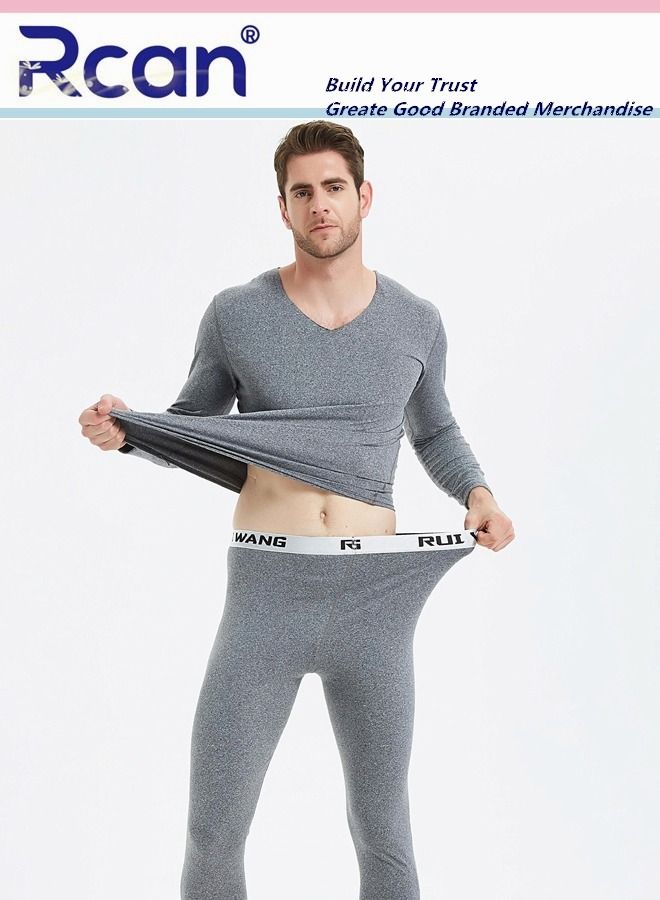 Rcan 2 Piece Men's Thermal Underwear Set Quick Drying V Neck Winter Lightweight Slim Fitting Long Sleeved T-Shirt and Long Pants Basic Layer Bottoming Shirt Set Plus Size  - Image 1