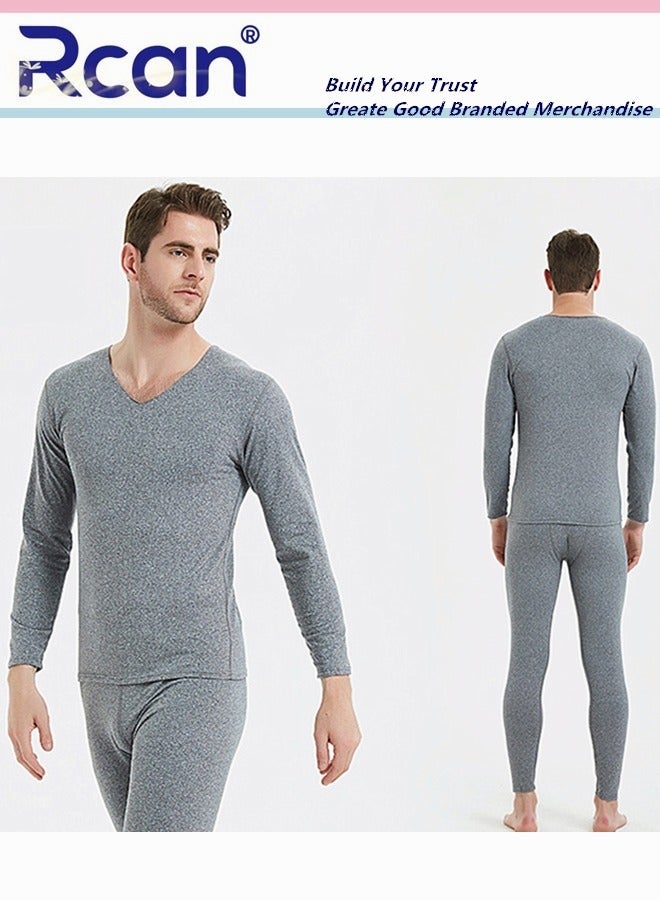 Rcan 2 Piece Men's Thermal Underwear Set Quick Drying V Neck Winter Lightweight Slim Fitting Long Sleeved T-Shirt and Long Pants Basic Layer Bottoming Shirt Set Plus Size  - Image 3