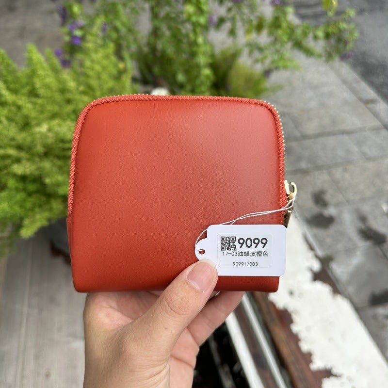 Cosmetic Bag Shell Zipper Cosmetics Bag Plain Oil Wax Leather Zipper Card Holder First Layer Cowhide Jewelry Bracelet Cosmetics Bag - Image 3