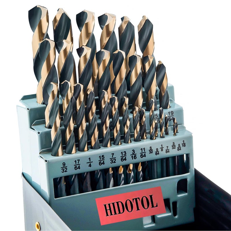 HIDOTOL Drill Bit Set 29Pcs, 135 Degree Tip High Speed Steel with Black and Gold Finish, Stainless Steel, Plastic and Wood with Metal Indexed Storage Case 1/16"-1/2" - Image 1