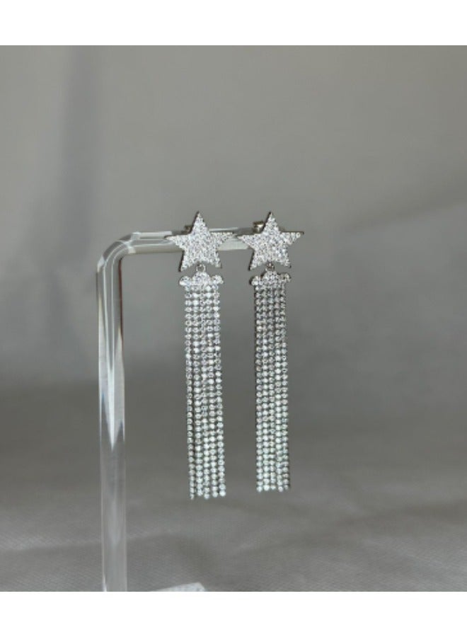 Sterling Silver 925 Dazzling Star Design Long Earrings – 6.5 cm with Zircon Stones – Elegant Jewelry for Women - Image 1
