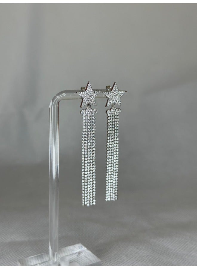 Sterling Silver 925 Dazzling Star Design Long Earrings – 6.5 cm with Zircon Stones – Elegant Jewelry for Women - Image 2