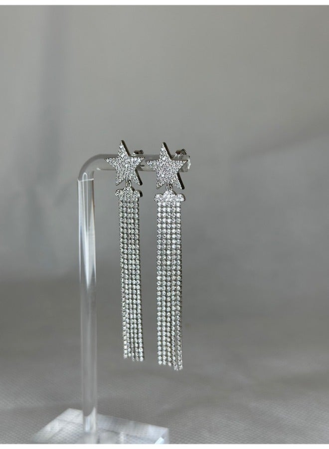 Sterling Silver 925 Dazzling Star Design Long Earrings – 6.5 cm with Zircon Stones – Elegant Jewelry for Women - Image 3