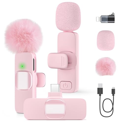 VEZQUA Mini Wireless Lavalier Microphone for iPhone 16/15/14/Android, Lapel Mic with Noise Reduction, 12H, 65ft, Pink Tiny Microphone Content Creator Interview for Vlog YouTube TikTok Recording (Pink) - Image 1