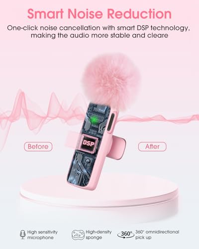 VEZQUA Mini Wireless Lavalier Microphone for iPhone 16/15/14/Android, Lapel Mic with Noise Reduction, 12H, 65ft, Pink Tiny Microphone Content Creator Interview for Vlog YouTube TikTok Recording (Pink) - Image 2