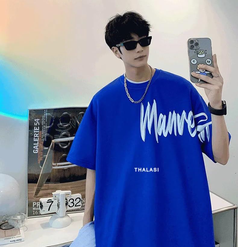 THALASI Royal Blue Back Print Oversized T Shirts for Men - Down Shoulder Loose Fit Cotton T-Shirt- Stylish Blue T-Shirt for Men & Trending Half Sleeve T Shirt - Image 2