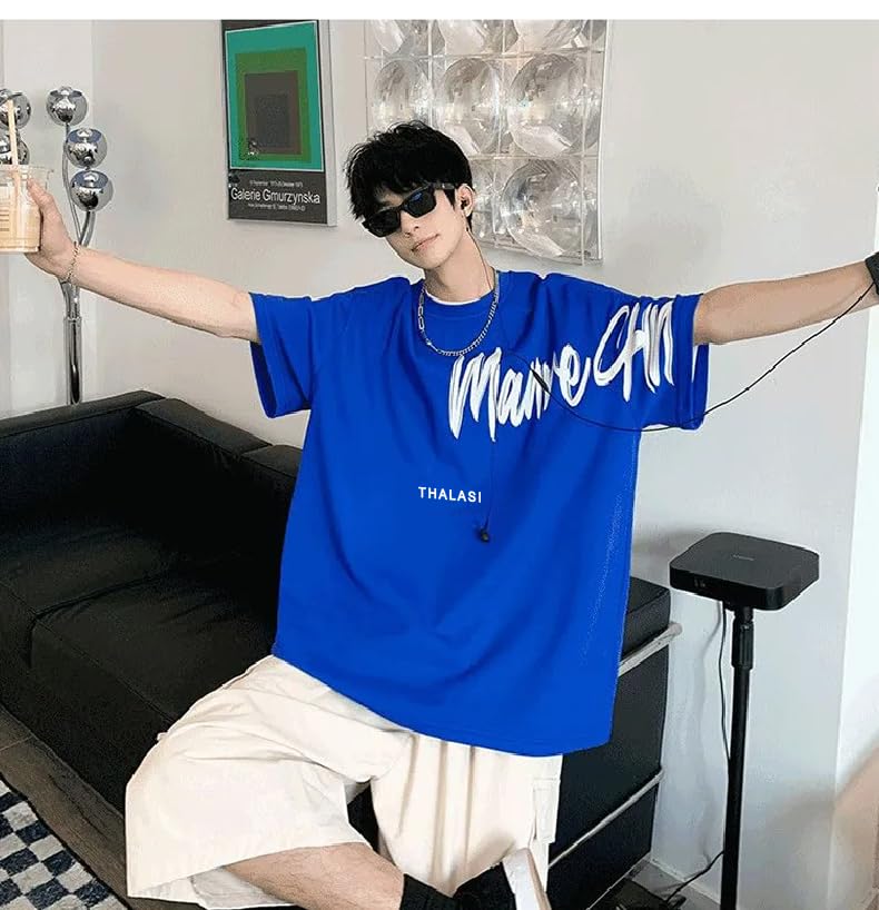 THALASI Royal Blue Back Print Oversized T Shirts for Men - Down Shoulder Loose Fit Cotton T-Shirt- Stylish Blue T-Shirt for Men & Trending Half Sleeve T Shirt - Image 4