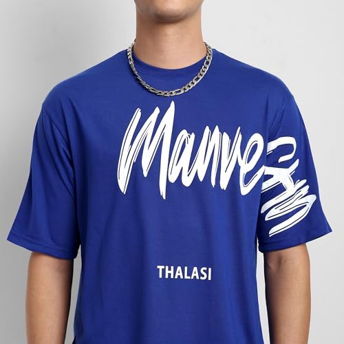 THALASI Royal Blue Back Print Oversized T Shirts for Men - Down Shoulder Loose Fit Cotton T-Shirt- Stylish Blue T-Shirt for Men & Trending Half Sleeve T Shirt - Image 5