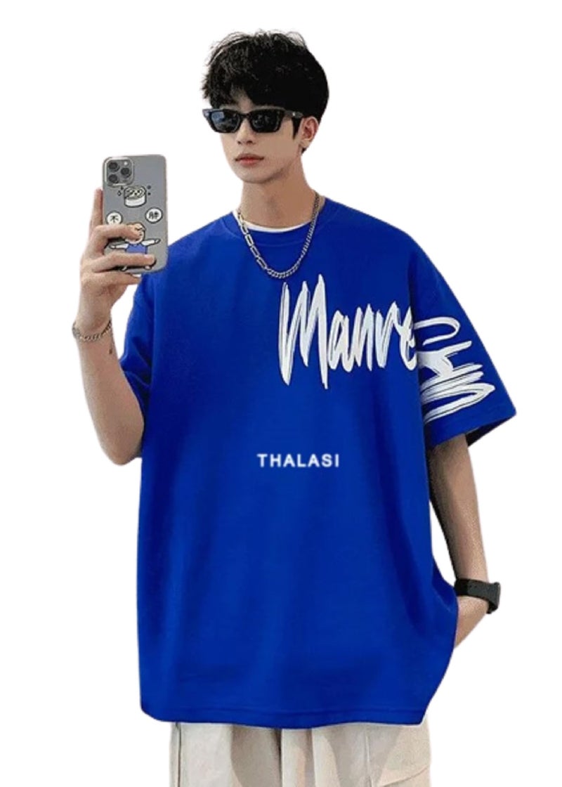 THALASI Royal Blue Back Print Oversized T Shirts for Men - Down Shoulder Loose Fit Cotton T-Shirt- Stylish Blue T-Shirt for Men & Trending Half Sleeve T Shirt - Image 1