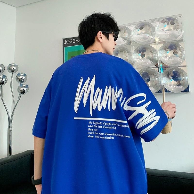 THALASI Royal Blue Back Print Oversized T Shirts for Men - Down Shoulder Loose Fit Cotton T-Shirt- Stylish Blue T-Shirt for Men & Trending Half Sleeve T Shirt - Image 3