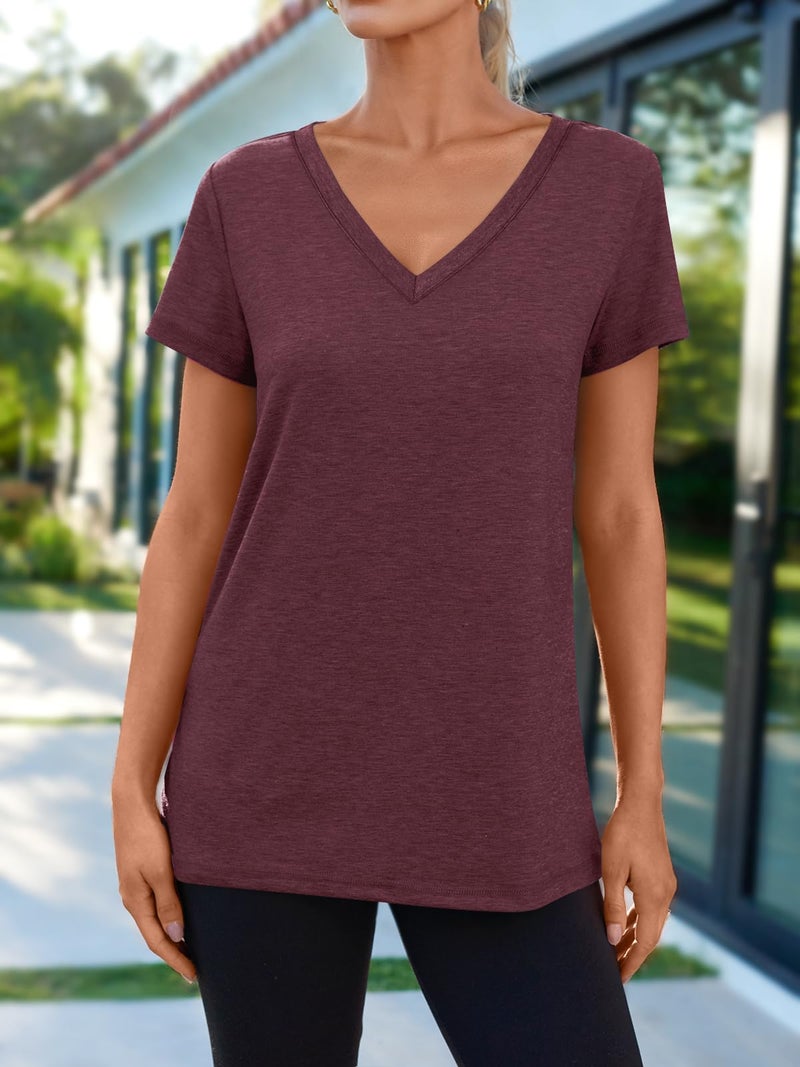 AUTOMET Short Sleeve Casual Tunic Tees Tops V Neck T-Shirts Womens Fashion Trendy Comfy Summer Outfits Clothes 2025 WineRed L - Image 2