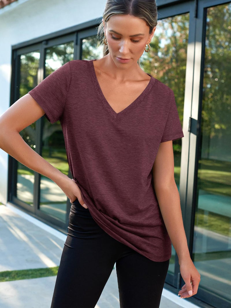 AUTOMET Short Sleeve Casual Tunic Tees Tops V Neck T-Shirts Womens Fashion Trendy Comfy Summer Outfits Clothes 2025 WineRed L - Image 4