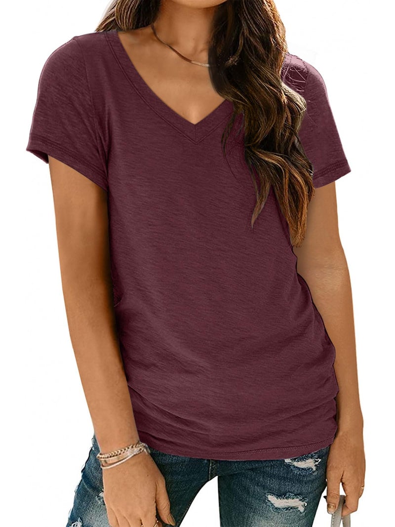 AUTOMET Short Sleeve Casual Tunic Tees Tops V Neck T-Shirts Womens Fashion Trendy Comfy Summer Outfits Clothes 2025 WineRed L - Image 1
