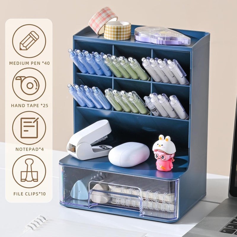 HOME CUBE Desk Organizer With Drawer Desktop Office Stationery Storage Box Desk Accessories Mobile Holder Table Organiser Study Table Desk Organizer (2020, Blue) - Plastic - Image 3