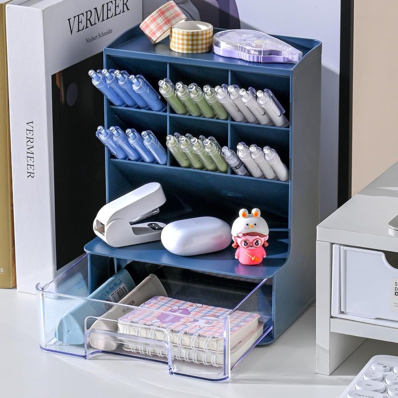 HOME CUBE Desk Organizer With Drawer Desktop Office Stationery Storage Box Desk Accessories Mobile Holder Table Organiser Study Table Desk Organizer (2020, Blue) - Plastic - Image 1