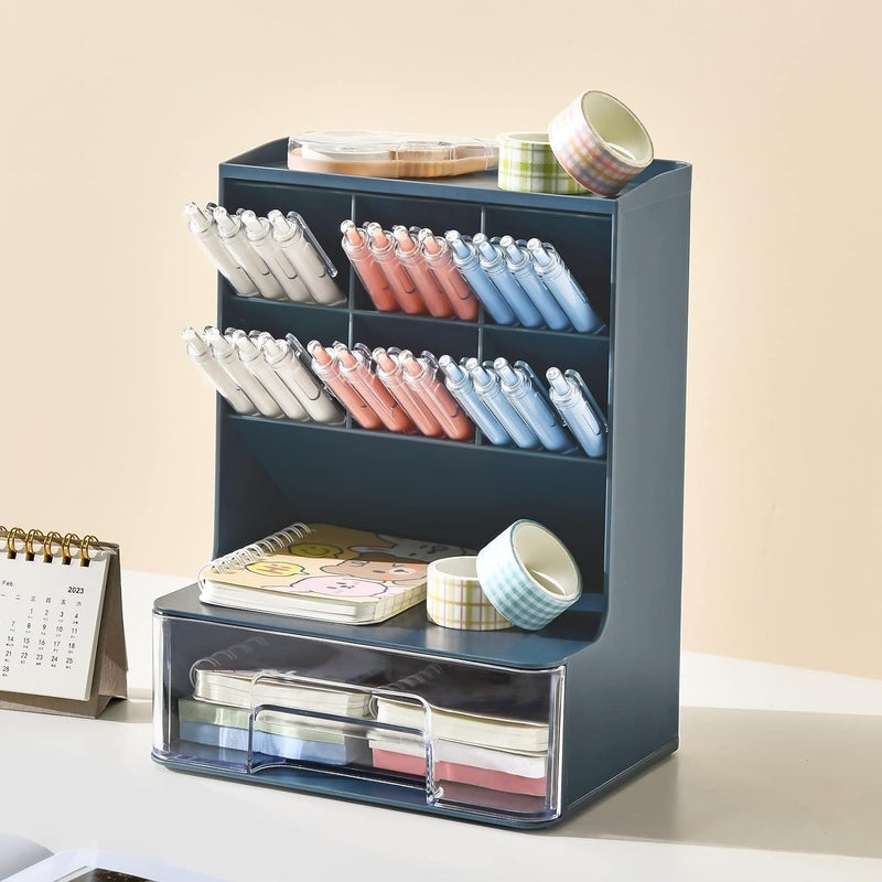HOME CUBE Desk Organizer With Drawer Desktop Office Stationery Storage Box Desk Accessories Mobile Holder Table Organiser Study Table Desk Organizer (2020, Blue) - Plastic - Image 5