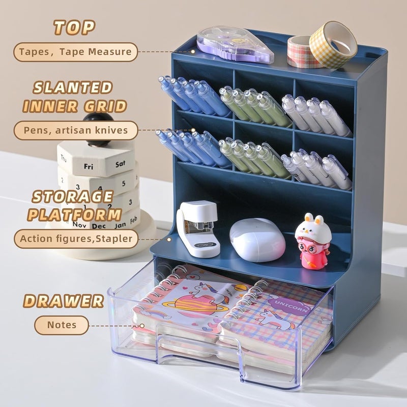 HOME CUBE Desk Organizer With Drawer Desktop Office Stationery Storage Box Desk Accessories Mobile Holder Table Organiser Study Table Desk Organizer (2020, Blue) - Plastic - Image 2