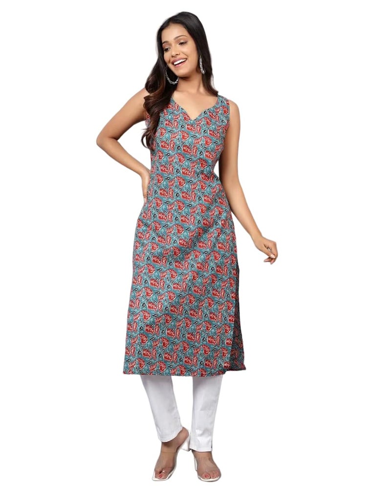 PATLANI Women's Cotton BLENED Sleeveless Printed Full Stitched Kurti.(k-199) Grey - Image 1