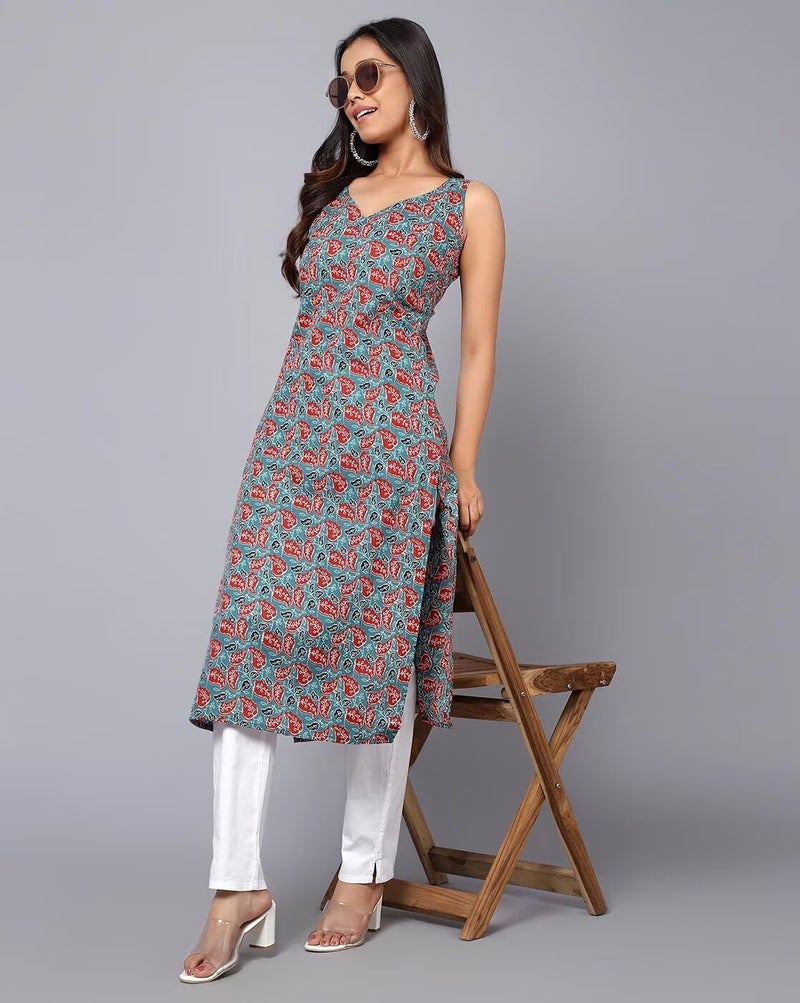 PATLANI Women's Cotton BLENED Sleeveless Printed Full Stitched Kurti.(k-199) Grey - Image 5